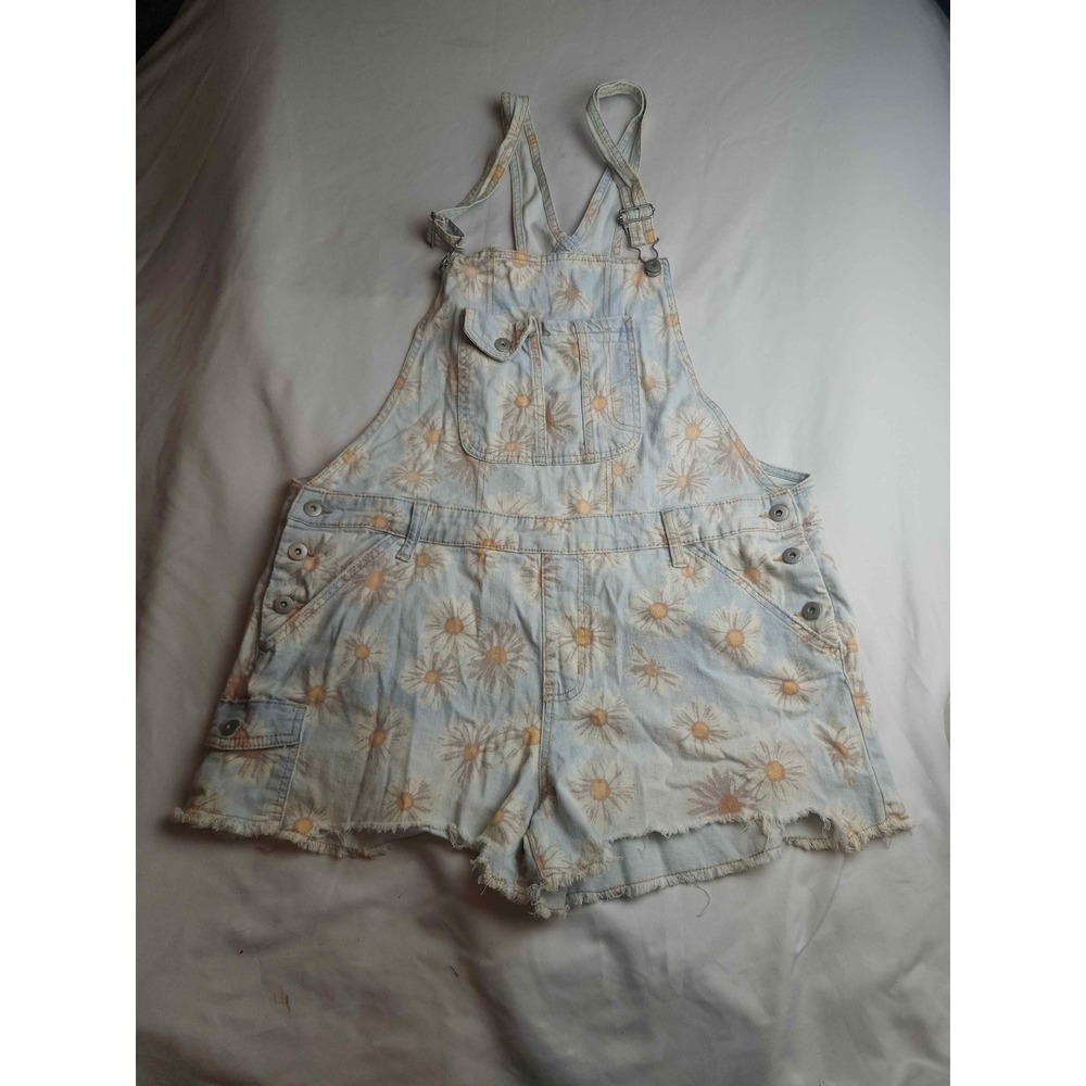 No Boundaries Daisy Floral Denim Shortalls Light Wash Womens XXL